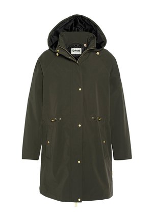 Oliven grøn vandtæt jakke med hætte, gyldent hardware, to frontlommer, snøre i taljen og en glat, slick tekstur.