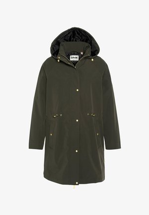 Oliven grøn vandtæt jakke med hætte, gyldent hardware, to frontlommer, snøre i taljen og en glat, slick tekstur.