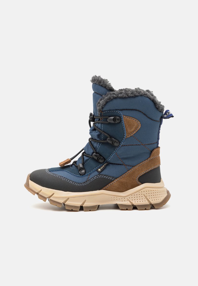 Blue and brown insulated boot with textured upper, faux fur collar, and rubber sole. Features lace closure and padded ankle support.