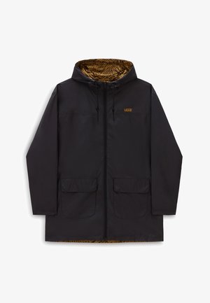 Černá nepromokavá bunda se zipem vpředu, nastavitelnou kapucí a dvěma předními kapsami. Podšívka s potiskem zlaté a černé zvířecí vzory.