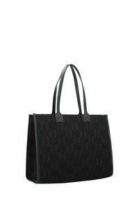 Grote zwarte tote bag met een gestructureerd patroon. Bevat dubbele handgrepen en leren accenten. Gemaakt van duurzaam stof en met een gestructureerd ontwerp.