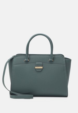 Sac à main structuré couleur sarcelle avec doubles poignées, bandoulière amovible et plaque de marque dorée au centre avant.