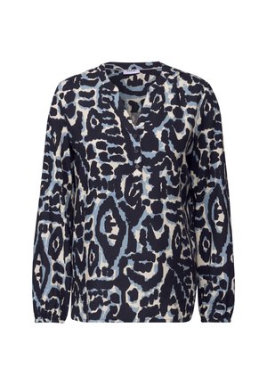 Langarm blouse in marineblauw, crème en lichtblauw met een gedurfd abstract patroon, V-hals en knopdetails aan de voorkant.