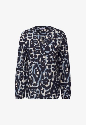 Långärmad blus i marinblått, krämfärgat och ljusblått med ett djärvt abstrakt mönster, V-krage och knapprad fram.