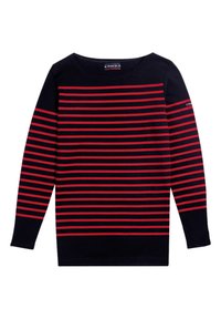 Haut à manches longues bleu marine avec des rayures horizontales rouges. Col rond et texture douce. Présente un petit logo en accent sur la manche.