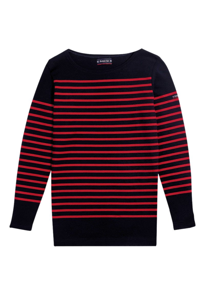 Haut à manches longues bleu marine avec des rayures horizontales rouges. Col rond et texture douce. Présente un petit logo en accent sur la manche.