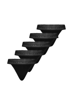 Fem sorte trusser med blonderkant, arrangeret diagonalt på en hvid baggrund.
