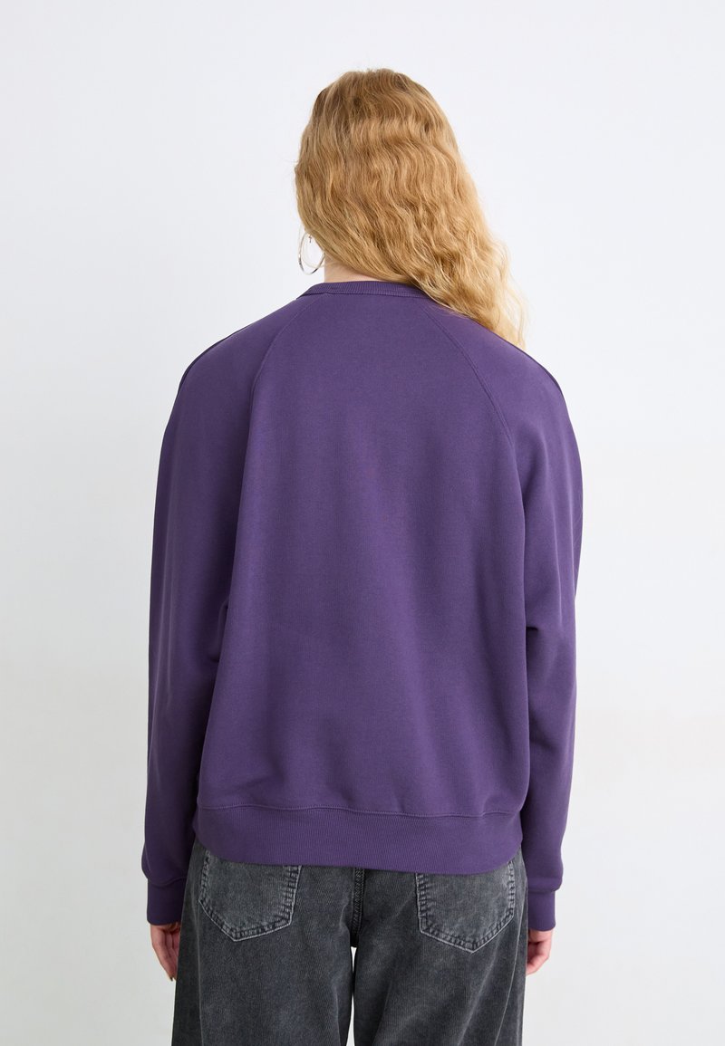 Purple sweatshirt with a crew neck, raglan sleeves, and ribbed cuffs. Features a smooth texture and relaxed fit, paired with dark grey jeans.
