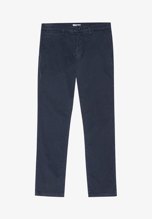 Granatowe bawełniane spodnie o prostym kroju, z zapięciem na guzik, dwoma bocznymi kieszeniami oraz gładką fakturą.