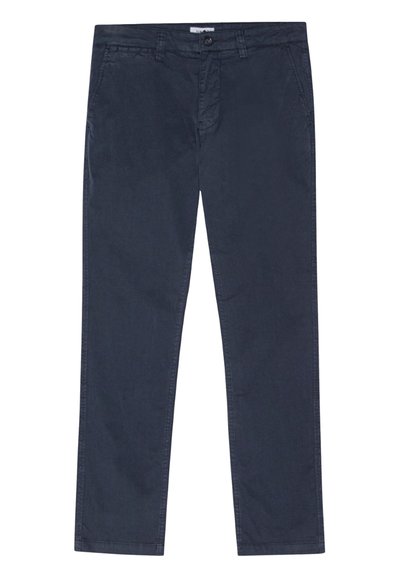 Pantaloni in cotone blu navy con taglio dritto, dotati di chiusura con bottone, due tasche laterali e una texture liscia.
