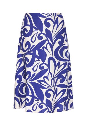 Sääreni pikkusega seelik, millel on julge sinine ja valge lillemuster, valmistatud kergest kangast, millel on sile tekstuur.