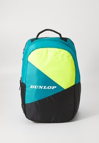 Dunlop-Rucksack in Türkis und Schwarz mit einem großen gelben Akzent, ausgestattet mit einem geometrischen Design, strapazierfähigem Material und einem Tragegriff oben.