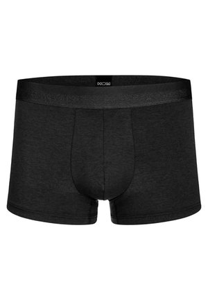 Schwarze Baumwoll-Boxershorts mit glatter Textur, ausgestattet mit einem mittelbreiten Bund und einem konturierten Beutel-Design für zusätzlichen Halt.