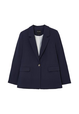Navy blazer made of smooth fabric, featuring a notched lapel, two front pockets, single button closure, and a slightly relaxed fit.