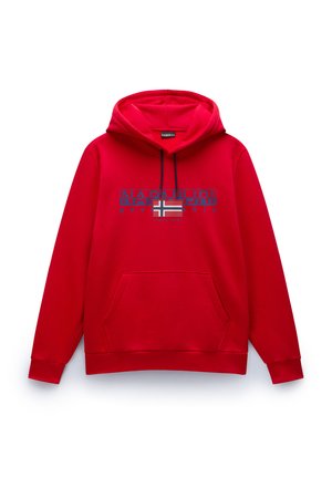 Red hooded sweatshirt made of cotton blend, featuring a front pocket and blue logo with a Norwegian flag. Smooth texture and standard fit.