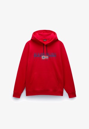 Red hooded sweatshirt made of cotton blend, featuring a front pocket and blue logo with a Norwegian flag. Smooth texture and standard fit.