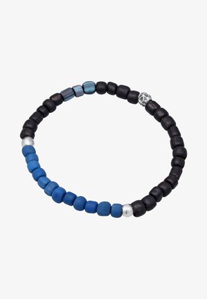 Perlenarmband mit einer Mischung aus mattschwarzen, blauen und silbernen Perlen in verschiedenen Formen und Größen, überwiegend zylindrisch und rund.