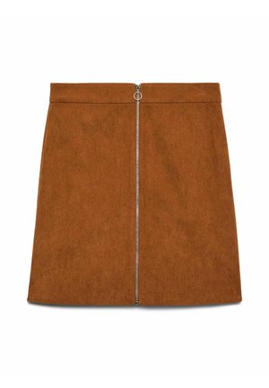 Jupe A-line en corduroy marron avec fermeture éclair à l'avant et texture lisse, présentant un motif subtilement côtelé.