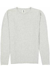 Hellgraues Langarm-T-Shirt aus weichem Stoff. Rundhalsausschnitt, gerade geschnitten und keine sichtbaren Muster oder Akzente. Herstelleretikett innen.