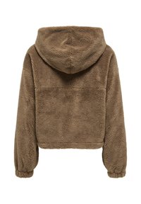 Bruine fleece hoodie met een cropped ontwerp, grote capuchon en elastische manchetten. De textuur is zacht en pluizig, met een effen kleur en geen zichtbare patronen.
