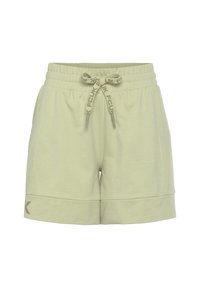 Light green cotton shorts with an elastic waistband, drawstring, side pockets, and a folded hem. Features a logo on the leg.