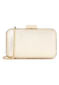 Gold metallic clutch with a textured finish, rectangular shape, snap closure, and a gold chain strap. Simple, elegant design.