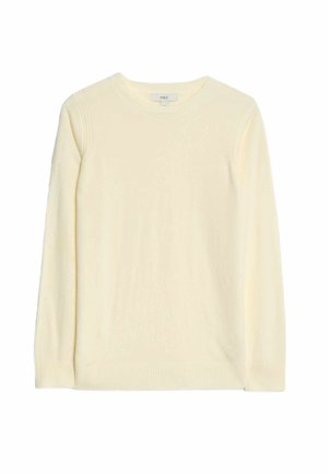 Lichtgele pullover trui van zachte knit met lange mouwen en een ronde halslijn. Ribgebreide manchetten en zoom. Eenvoudig, strak ontwerp.