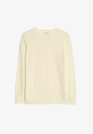 Jasnożółty sweter z długim rękawem wykonany z miękkiej dzianiny, z okrągłym dekoltem. Ribbowane mankiety i dół. Prosty, czysty design.