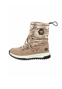 Bottine isolée beige avec un dessus imperméable, col en satin rembourré, design à lacets et semelle en caoutchouc texturé pour une adhérence optimale.