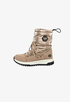 Stivale isolato beige con tomaia impermeabile, colletto in satin imbottito, design con lacci e suola in gomma testurizzata per una buona trazione.