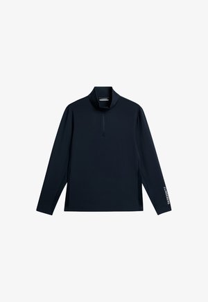 Granatowy pulower z długim rękawem, wysokim kołnierzem i zamkiem błyskawicznym do ćwierć długości. Posiada boczne rozcięcia oraz białą tekstową logo na lewym rękawie. Gładka tekstura materiału.