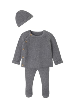 Gray knitted infant outfit with a sweater, leggings, and a matching hat. Sweater features wooden buttons and ribbed cuffs and collar.