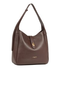 Borsa a spalla in pelle marrone con una texture liscia, forma curva distintiva e una chiusura in tonalità dorata. Presenta una sola tracolla regolabile.