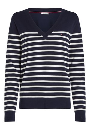 Navy blue V-neck sweater with white horizontal stripes and small embroidered flag logo on the chest. Long sleeves and ribbed cuffs.