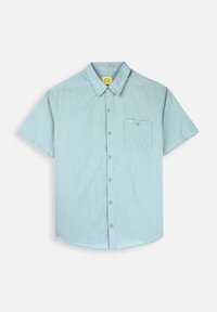 Chemise à manches courtes avec boutons de couleur bleu clair, présentant un motif texturé, une poche poitrine et un ourlet arrondi. Fabriquée en tissu doux.