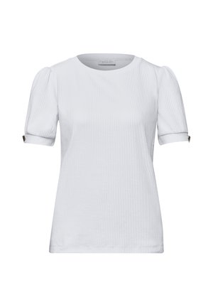 Hvid ribstrikket bluse med korte ærmer, puffede ærmer og manchetter med knapper, rund hals og let løs pasform.