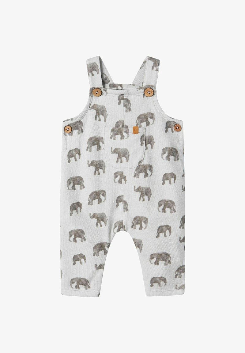 Baltie kunga ar pelēku ziloņu rakstu, koka pogām un priekšējo kabatu. Izgatavots no teksturēta auduma, paredzēts ērtībām un komfortam.