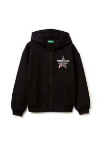 Felpa nera con zip realizzata in tessuto morbido, con una grafica a stella sul davanti con effetti glitter e il logo "BENETTON", e tasche frontali.