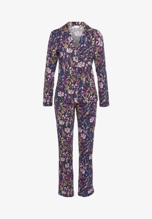 Ensemble de pyjama floral avec une base bleu marine ornée de motifs de fleurs multicolores, des manches longues, un col inversé et un pantalon assorti.