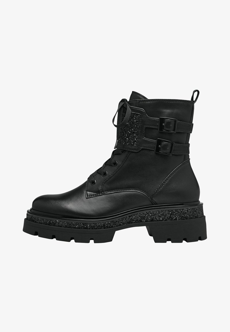 Black leather ankle boots with a textured black glitter midsole, featuring a lace-up front and two buckle accents on the side.