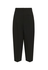 Pantalon noir taille haute ajusté avec passants pour ceinture et deux poches passepoilées à l'arrière, présenté sur fond blanc.