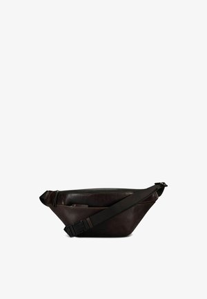 Dunkelbraune Leder-Gürteltasche mit schwarzem verstellbarem Riemen und Reißverschlusstasche, für freihändiges Tragen konzipiert.