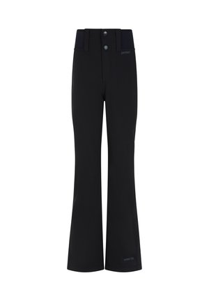 Pantaloni da sci neri con un design a gamba dritta, caratterizzati da una texture liscia, due bottoni e una cintura elasticizzata per garantire comfort.