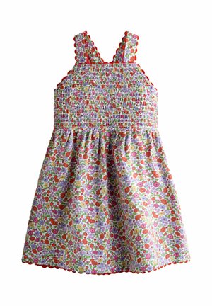 Ärmelloses Kleinkind-Kleid mit gerüschtem Oberteil und Blumenmuster in Rot, Lila, Gelb und Grün, mit rotem, gewelltem Besatz an Trägern und Saum.