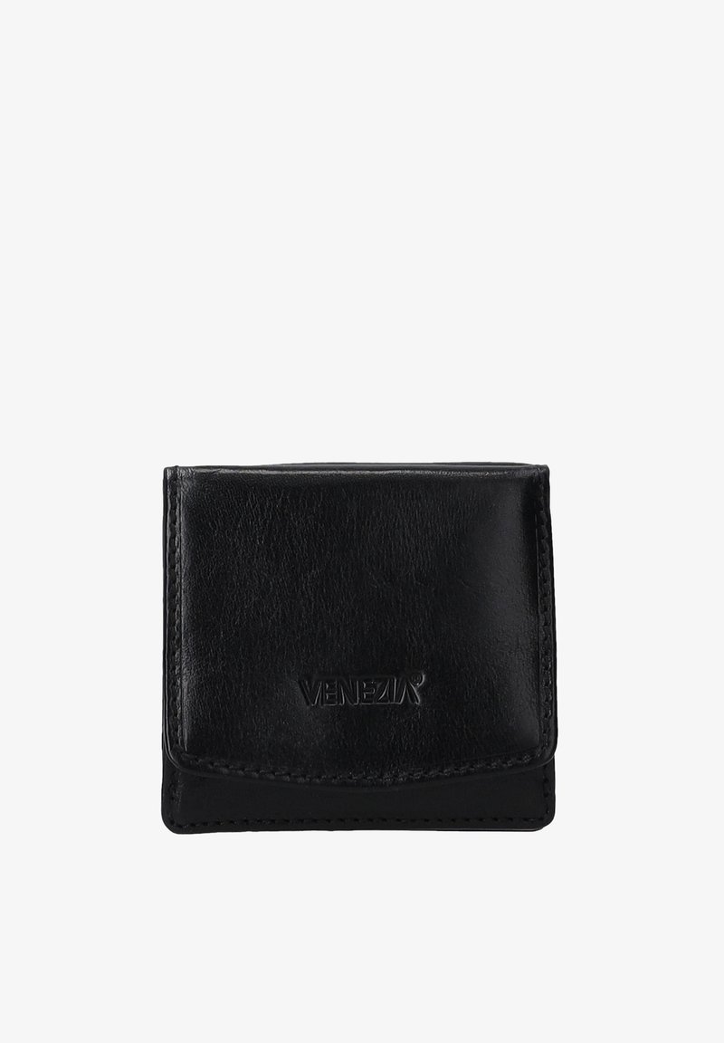 Zwarte leren portemonnee met een gladde textuur, met een vouwontwerp en een geperste merknaam. Compakte maat voor gemakkelijke opslag.