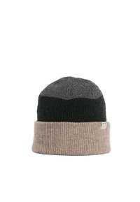 Ribbed knit beanie with a folded cuff. Top features a gradient of dark green, gray, and beige colors. Tag attached to the cuff.
