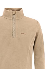 Beige fleece trui met een halve rits en een subtiele logo op de borst. Zachte textuur en sportief ontwerp, met lange mouwen.
