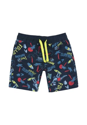 Maillots de bain en tissu léger, avec une base bleu marine ornée de motifs colorés de dinosaures et de surf. Taille avec cordon de serrage de couleur jaune vif.