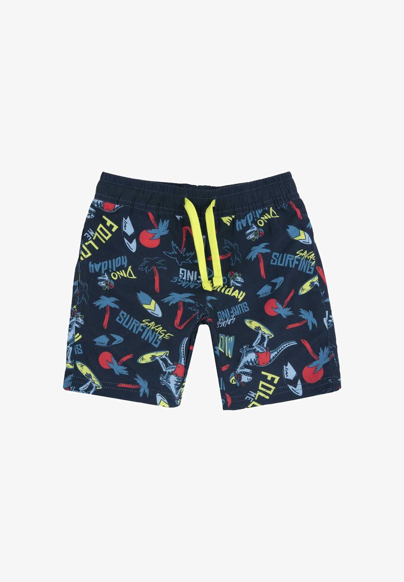 Maillots de bain en tissu léger, avec une base bleu marine ornée de motifs colorés de dinosaures et de surf. Taille avec cordon de serrage de couleur jaune vif.