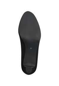 Suola di scarpa nera con una texture liscia, caratterizzata da una forma arrotondata, un leggero motivo a onde e etichettata con la taglia 37.